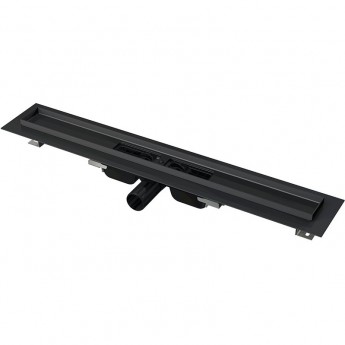 Водоотводящий желоб ALCAPLAST APZ101BLACK-1450 с порогами для перфорированной решетки, черный матовый, низкий, горизонтальный сток